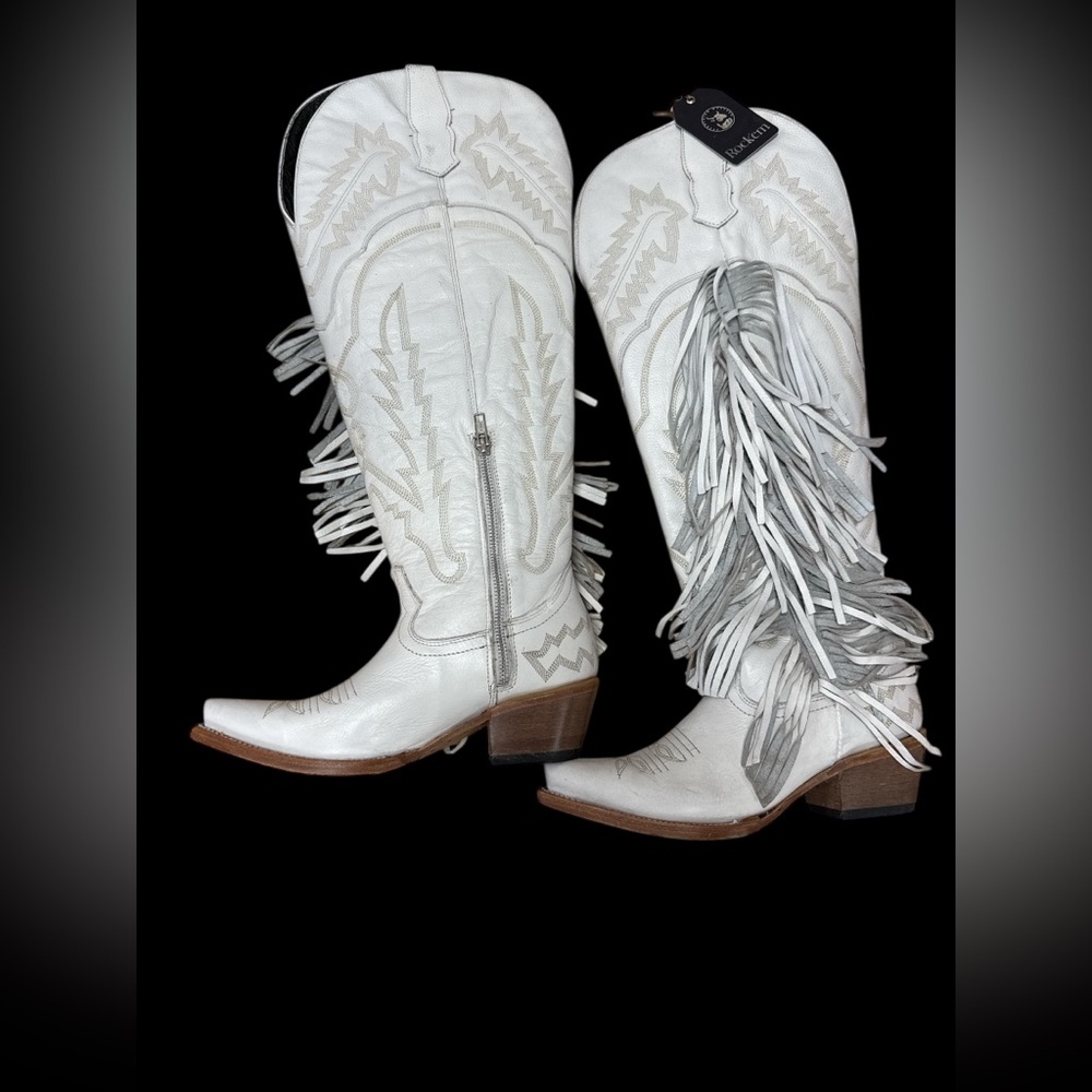 Elegant White Fringe Heeled Boots cowboy western Nfr